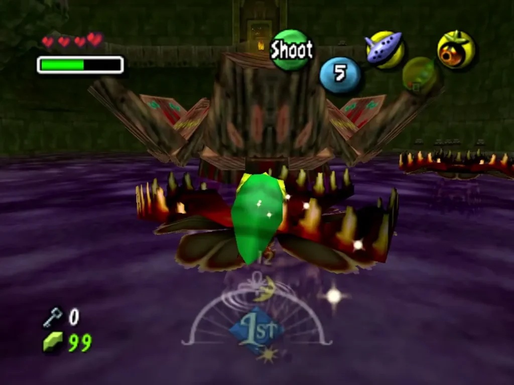 Deku Link standing on a spiky red Link-Eating Plant lily pad over purple water in Woodfall Temple Deku Link standing on a spiky red Link-Eating Plant lily pad over purple water in Woodfall Temple