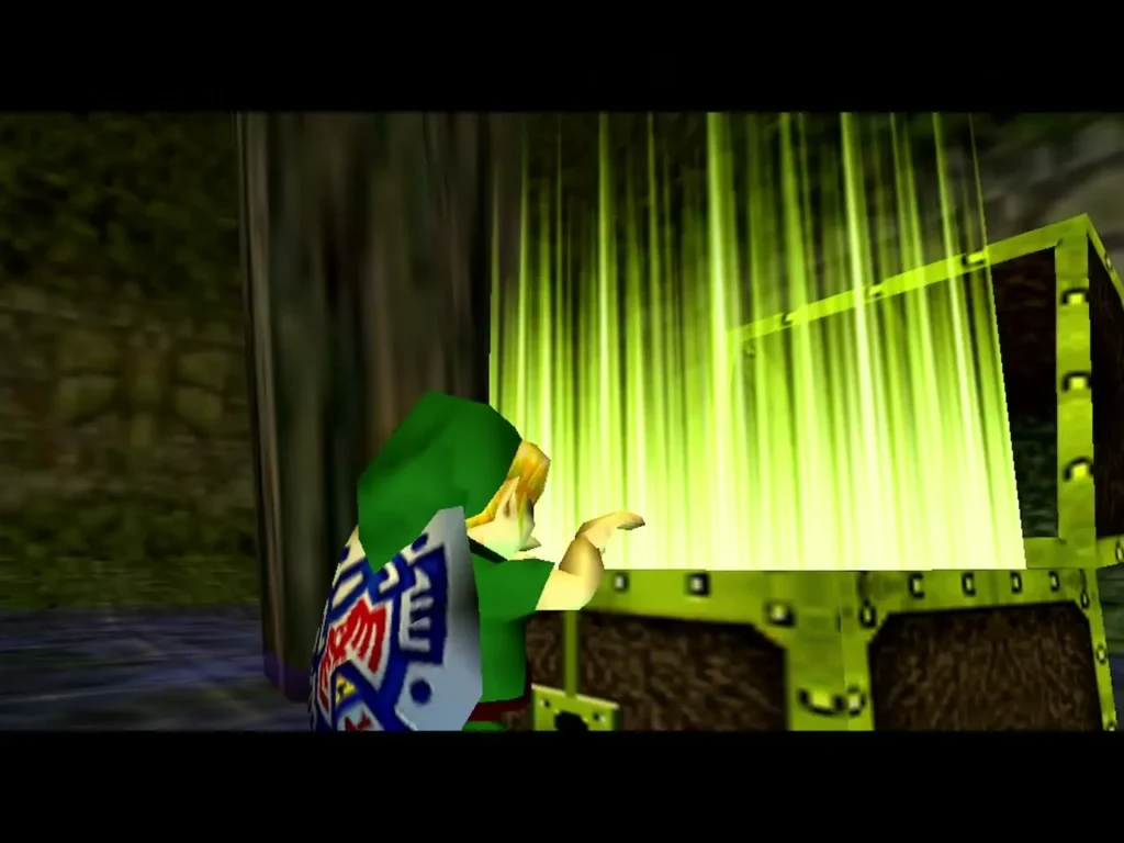 Link opens the chest after the Dinolfos fight, green light pouring out of it in Woodfall Temple Link opens the chest after the Dinolfos fight, green light pouring out of it in Woodfall Temple