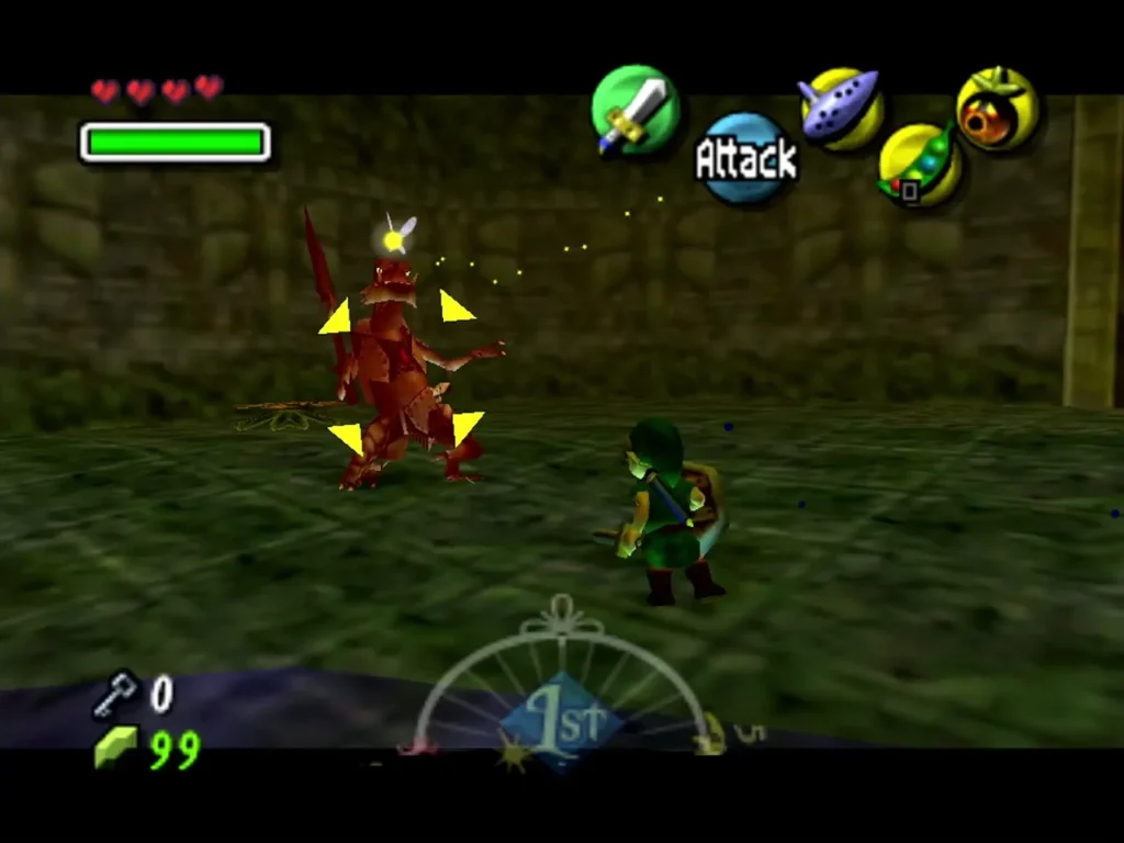 Link faces a red Dinolfos lizard warrior in a Woodfall Temple room, yellow target marks around it Link faces a red Dinolfos lizard warrior in a Woodfall Temple room, yellow target marks around it