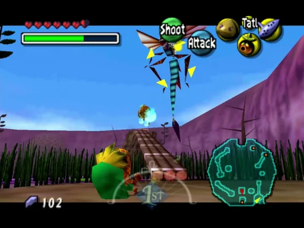 A striped Dragonfly hovers over the log bridge with yellow target marks as Deku Link looks up A striped Dragonfly hovers over the log bridge with yellow target marks as Deku Link looks up