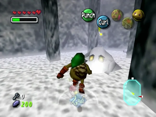 An Eeno, a snow mound with glowing eyes, sits ahead of Goron Link in a Snowhead Temple ice room An Eeno, a snow mound with glowing eyes, sits ahead of Goron Link in a Snowhead Temple ice room