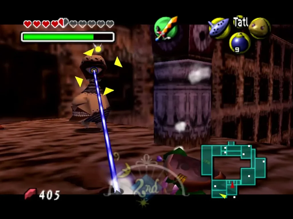An Eyegore opens its single eye and fires a blue beam at Link in Stone Tower Temple An Eyegore opens its single eye and fires a blue beam at Link in Stone Tower Temple