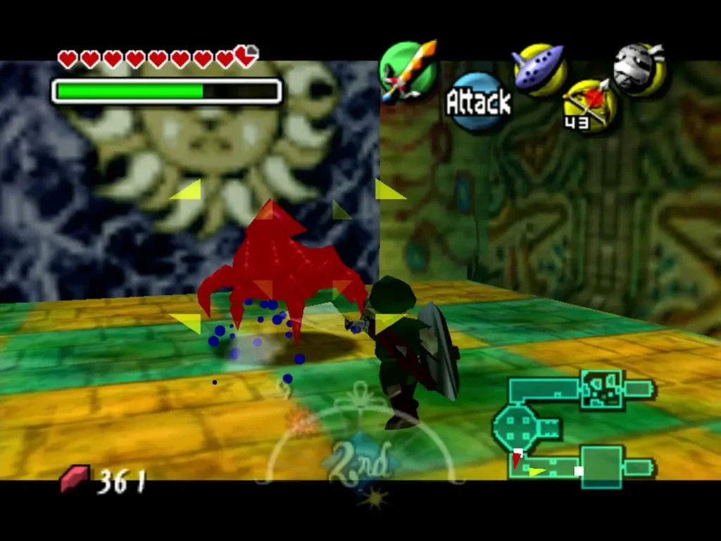 Link fights a red-flashing Floormaster hand beneath the sun emblem in the Ancient Castle of Ikana Link fights a red-flashing Floormaster hand beneath the sun emblem in the Ancient Castle of Ikana