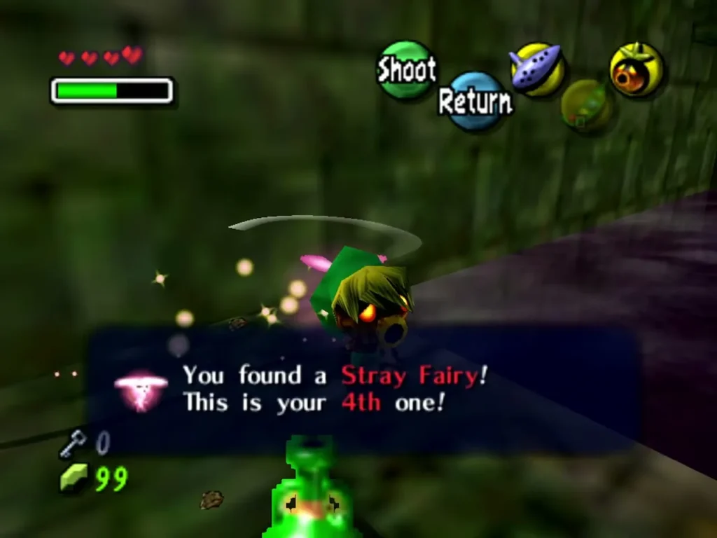 Deku Link beside the jars at the corner platform as the box announces the 4th Stray Fairy Deku Link beside the jars at the corner platform as the box announces the 4th Stray Fairy