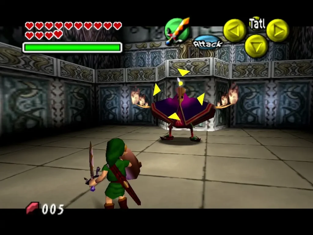 The Garo Master stands in a tiled stone room with flames on both hands as Link faces it with sword and shield The Garo Master stands in a tiled stone room with flames on both hands as Link faces it with sword and shield