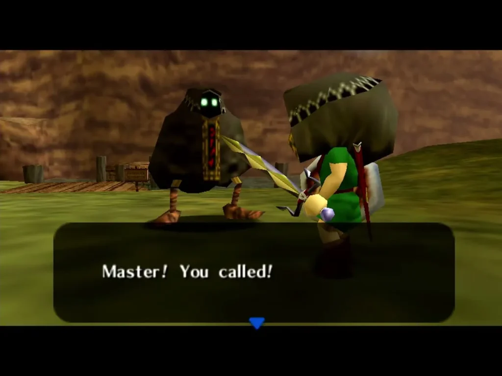 Two hooded Garo beside Link on the Ikana road, the box reading Master! You called! Two hooded Garo beside Link on the Ikana road, the box reading Master! You called!