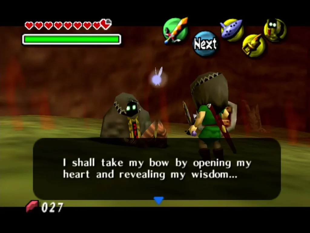 A hooded Garo kneels beside Link in the red-lit Ikana field, speaking of opening his heart A hooded Garo kneels beside Link in the red-lit Ikana field, speaking of opening his heart