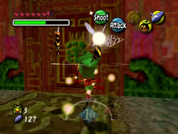 Two striped Giant Bees close in on Deku Link and Tatl in a red-walled room of the Swamp Spider House Two striped Giant Bees close in on Deku Link and Tatl in a red-walled room of the Swamp Spider House