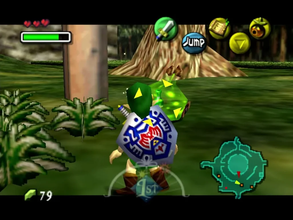 Link with his shield up in front of a Green ChuChu, yellow targeting markers around it Link with his shield up in front of a Green ChuChu, yellow targeting markers around it