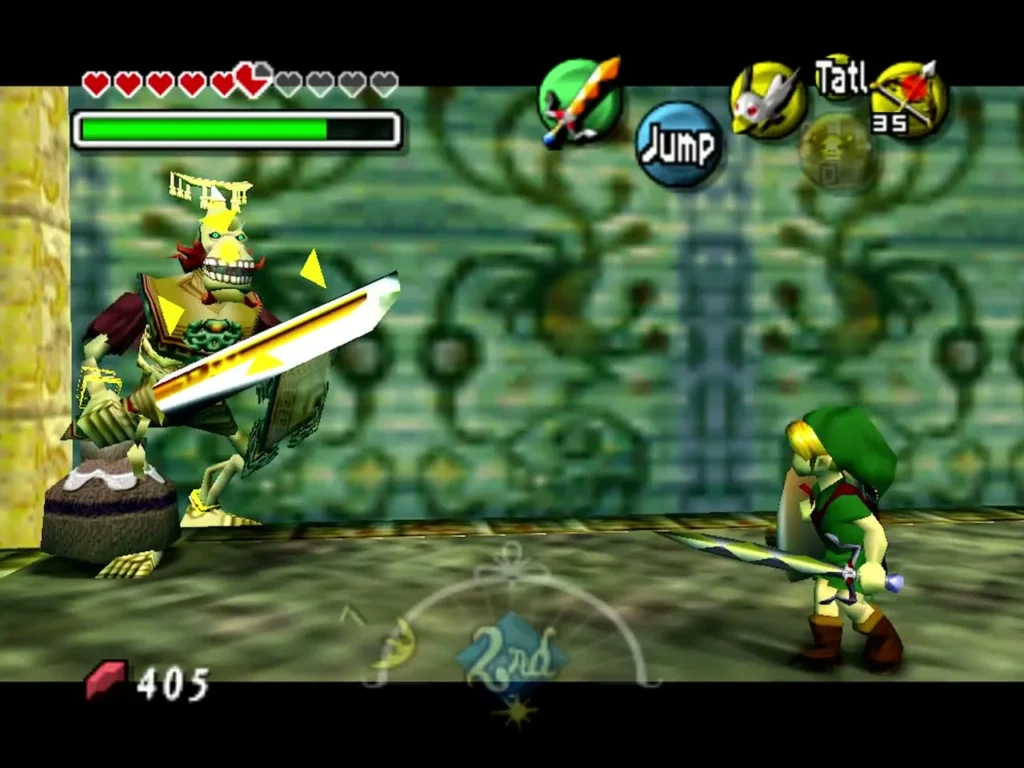 Link squares off against Igos du Ikana as the crowned king swings his huge sword Link squares off against Igos du Ikana as the crowned king swings his huge sword