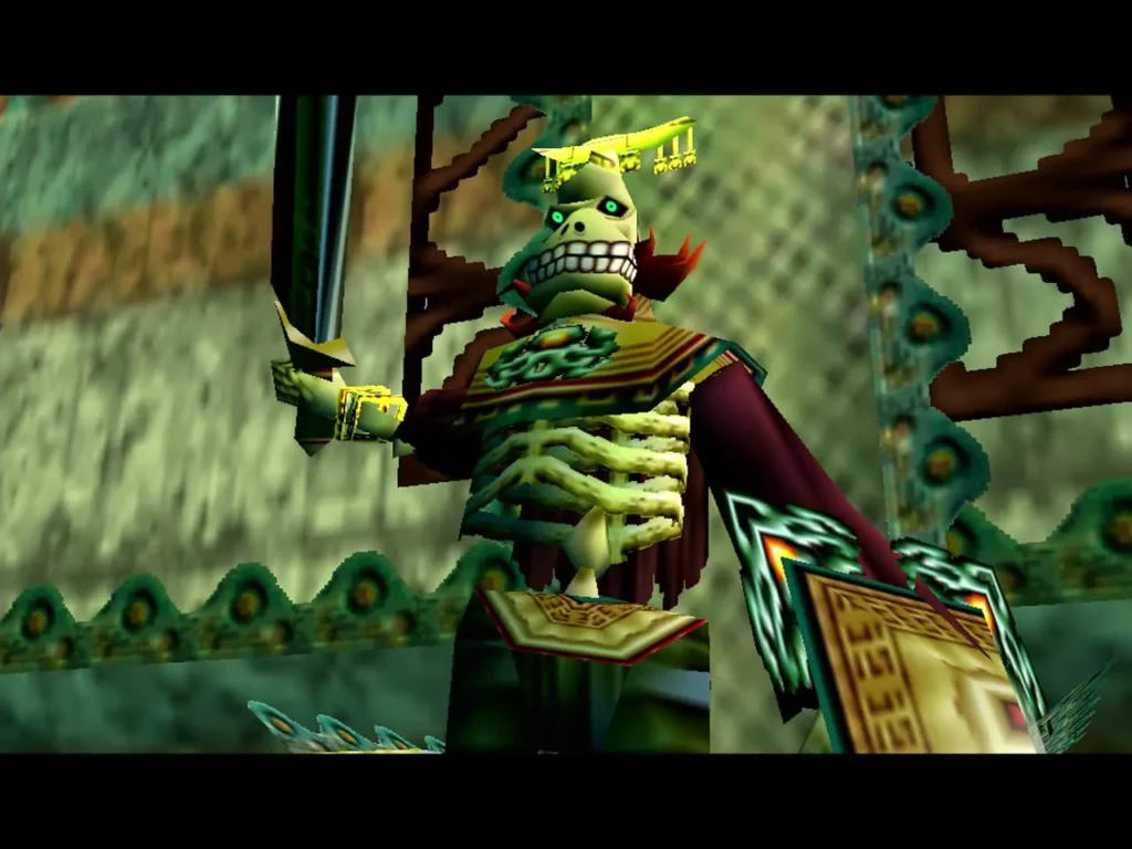 Igos du Ikana, a crowned skeleton king, raises his sword and shield in the throne room Igos du Ikana, a crowned skeleton king, raises his sword and shield in the throne room