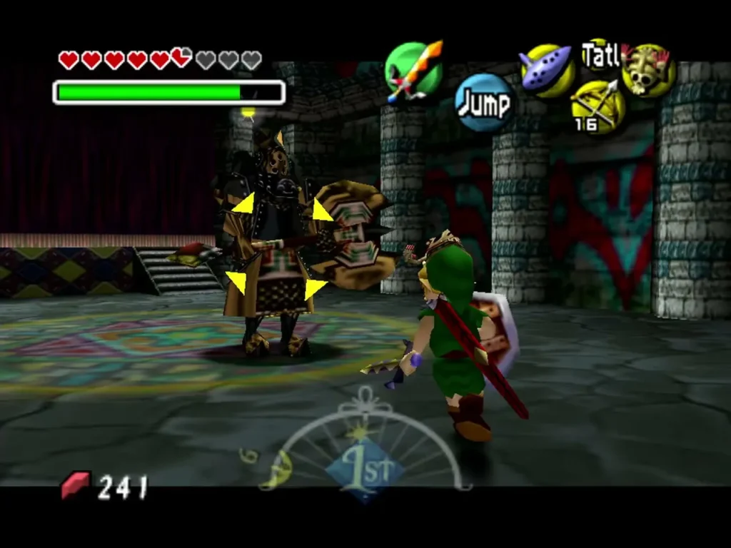 Link fights the armoured Iron Knuckle in a pillared chamber beneath the graveyard, yellow target marks on it Link fights the armoured Iron Knuckle in a pillared chamber beneath the graveyard, yellow target marks on it