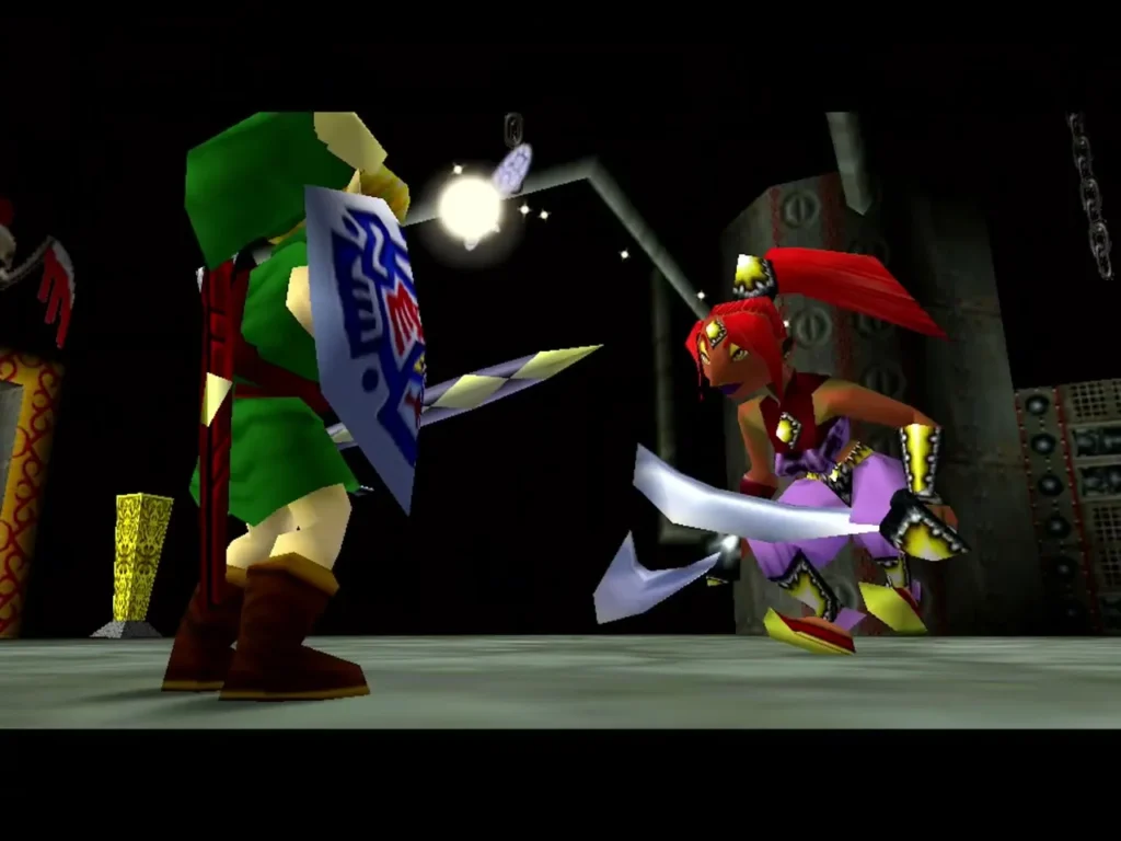 Link with his shield up faces a red-haired pirate swinging two curved blades in a locked room Link with his shield up faces a red-haired pirate swinging two curved blades in a locked room