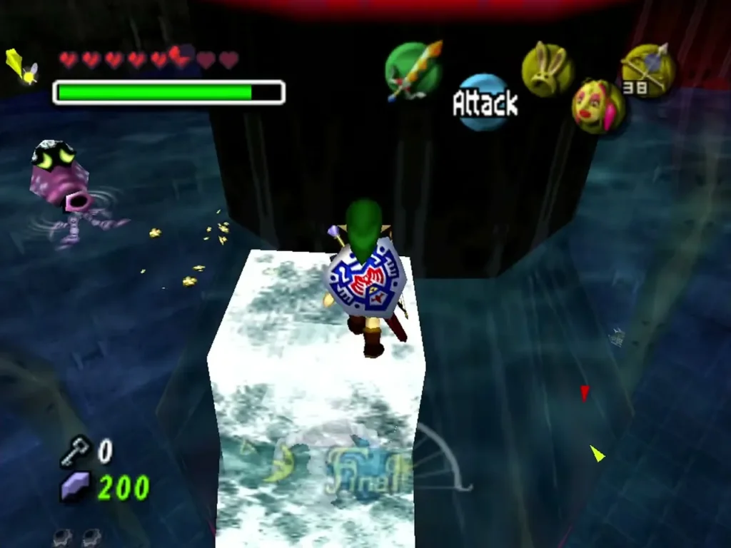 Link stands on a frozen block in the water as an Octorok floats off to the left Link stands on a frozen block in the water as an Octorok floats off to the left