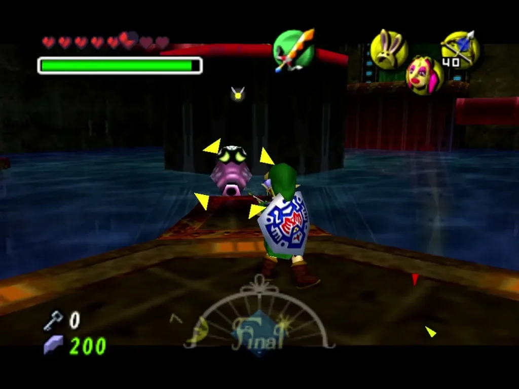 Link raises his shield toward a targeted Octorok across the water in the Great Bay Temple Turbine Room Link raises his shield toward a targeted Octorok across the water in the Great Bay Temple Turbine Room