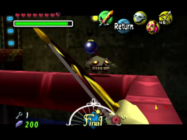 Link aims the Hero's Bow at a Real Bombchu with a bomb on its back on a red pipe Link aims the Hero's Bow at a Real Bombchu with a bomb on its back on a red pipe
