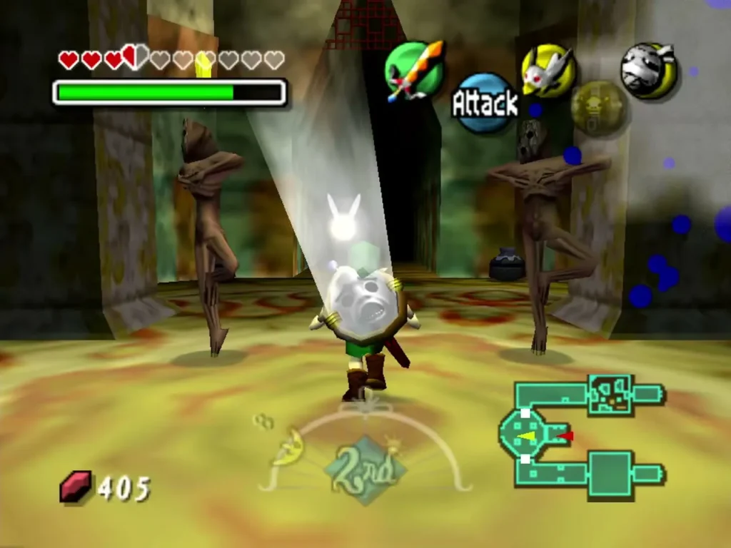 Two ReDeads dance on either side of Link in a gold-floored castle hall as a beam of light shines on him Two ReDeads dance on either side of Link in a gold-floored castle hall as a beam of light shines on him