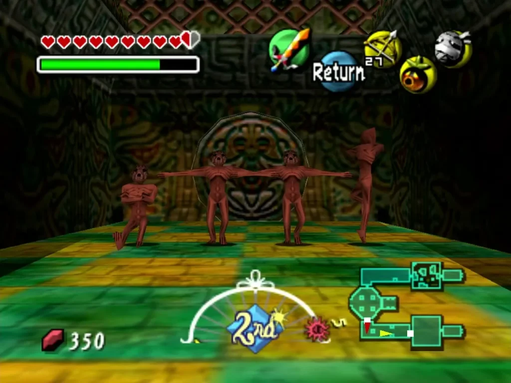 Four ReDeads strike dancing poses in a green-tiled hall of the Ancient Castle of Ikana Four ReDeads strike dancing poses in a green-tiled hall of the Ancient Castle of Ikana