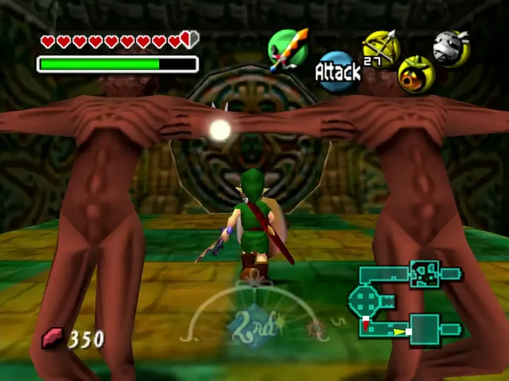 Link walks between two ReDeads that stand with arms outstretched in the castle hall Link walks between two ReDeads that stand with arms outstretched in the castle hall
