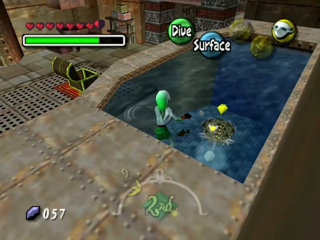 Zora Link at the edge of a Pirates' Fortress tank with a spiked Shell Blade resting on the floor Zora Link at the edge of a Pirates' Fortress tank with a spiked Shell Blade resting on the floor