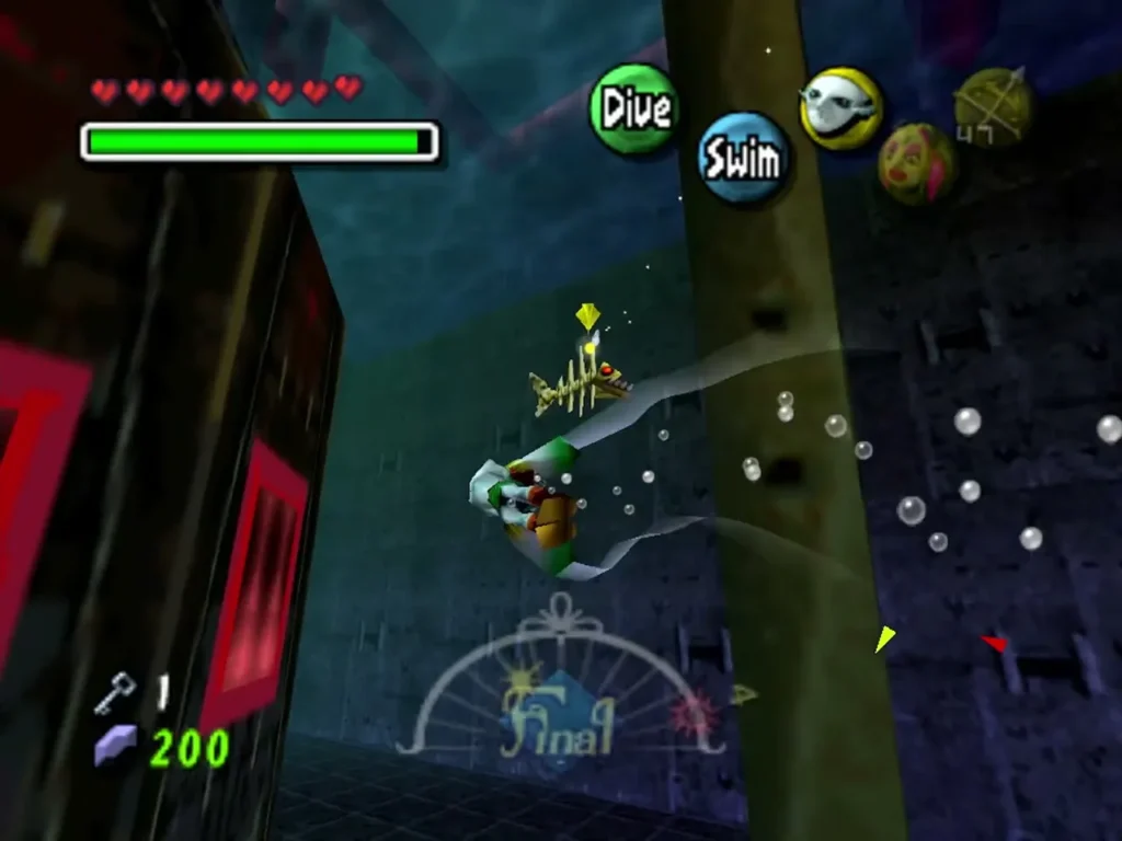 A pale skeletal Skullfish with a red eye swims toward Zora Link in Great Bay Temple A pale skeletal Skullfish with a red eye swims toward Zora Link in Great Bay Temple