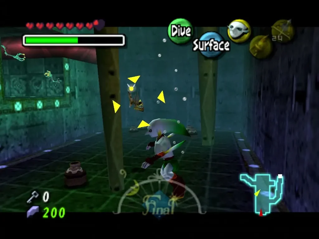 Zora Link targets a Skullfish in a green-tiled Great Bay Temple room, yellow markers around it Zora Link targets a Skullfish in a green-tiled Great Bay Temple room, yellow markers around it