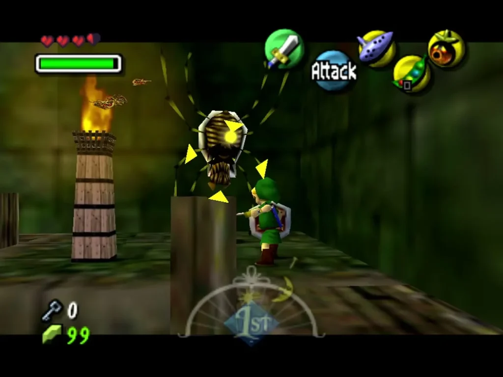 Link targets a Skulltula hanging by its thread beside a lit torch in Woodfall Temple Link targets a Skulltula hanging by its thread beside a lit torch in Woodfall Temple