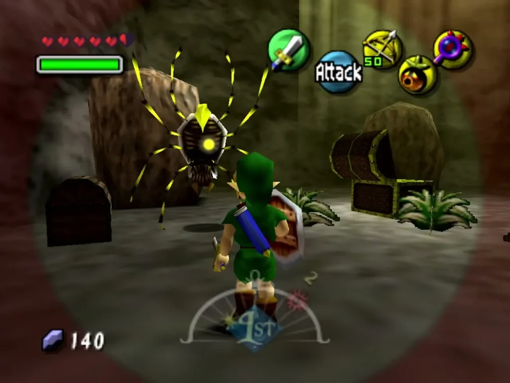 A Skulltula hangs by its thread in a cave near two chests as Link looks up at it through the Lens of Truth A Skulltula hangs by its thread in a cave near two chests as Link looks up at it through the Lens of Truth