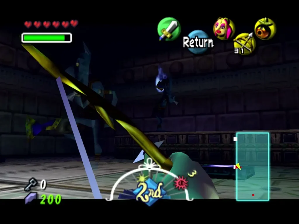 Link aims the bow at two blue Wizzrobes teleporting around a dark Snowhead Temple room Link aims the bow at two blue Wizzrobes teleporting around a dark Snowhead Temple room