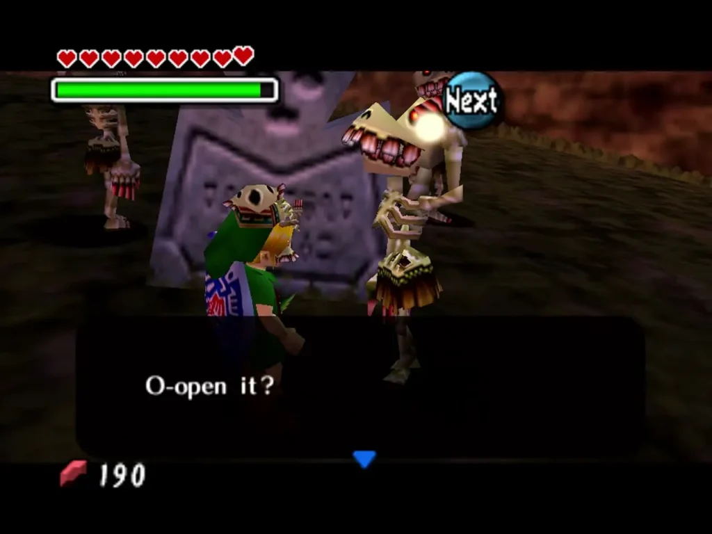 Link in the Captain's Hat speaks with a Stalchild beside a gravestone as it stammers about opening it Link in the Captain's Hat speaks with a Stalchild beside a gravestone as it stammers about opening it