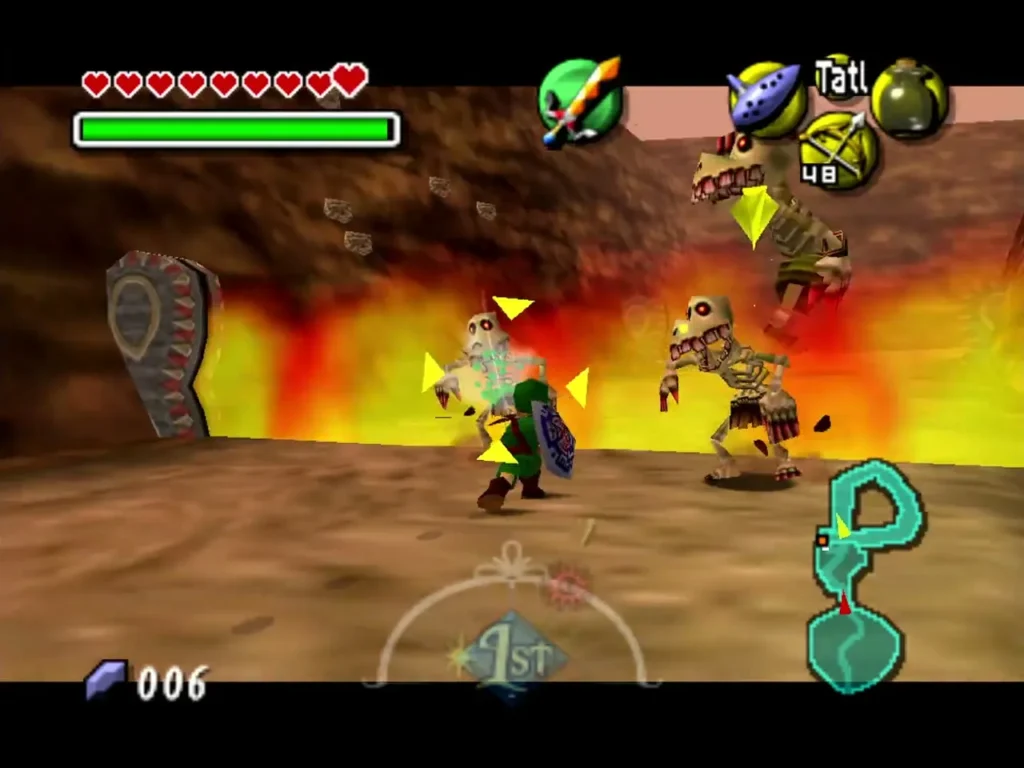 Link fights Stalchildren as a wall of fire rises behind them on the Ikana Graveyard road Link fights Stalchildren as a wall of fire rises behind them on the Ikana Graveyard road