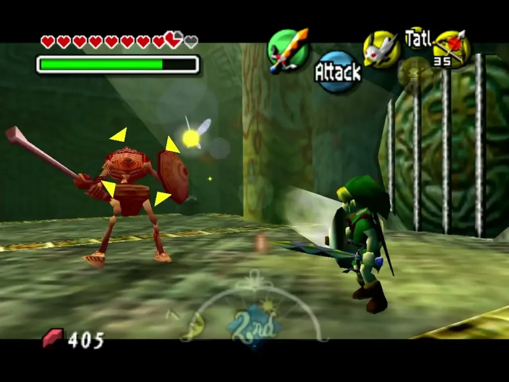Link faces a Stalfos knight swinging a club in a beam of light in the Ancient Castle's green hall Link faces a Stalfos knight swinging a club in a beam of light in the Ancient Castle's green hall