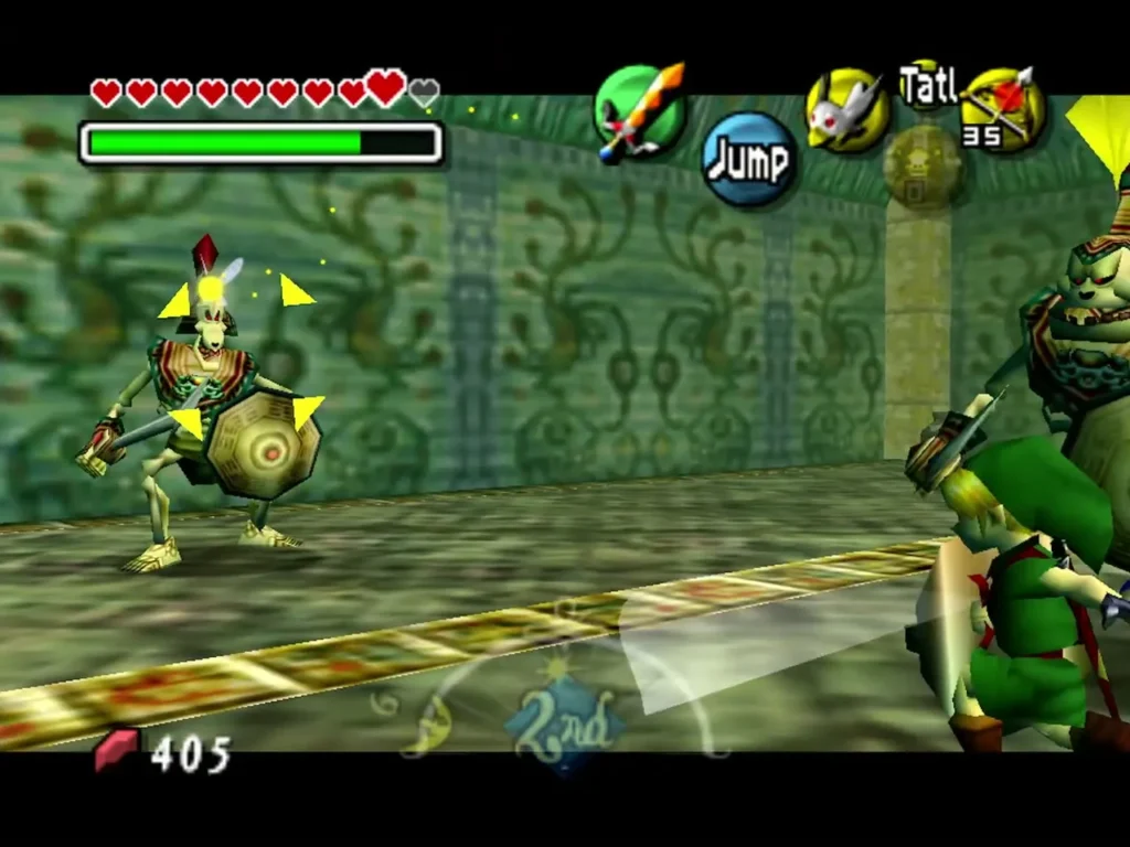 Link raises his shield against a Stalfos knight with a round shield in the Ancient Castle's green hall Link raises his shield against a Stalfos knight with a round shield in the Ancient Castle's green hall