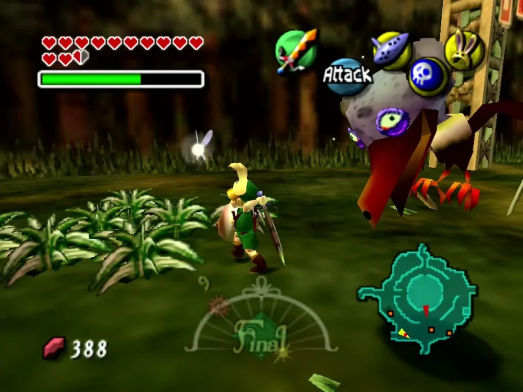 The Takkuri, a big bird with a purple head and red beak, swoops at Link on Termina Field The Takkuri, a big bird with a purple head and red beak, swoops at Link on Termina Field