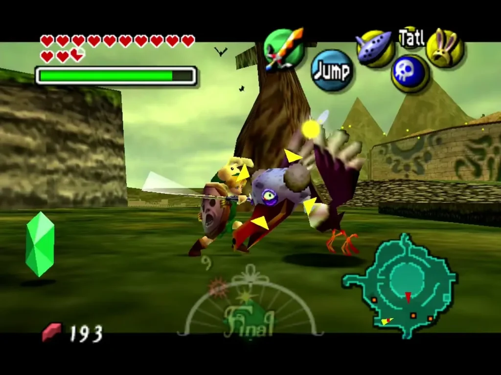 Link targets the Takkuri bird with yellow markers and slashes at it on Termina Field Link targets the Takkuri bird with yellow markers and slashes at it on Termina Field