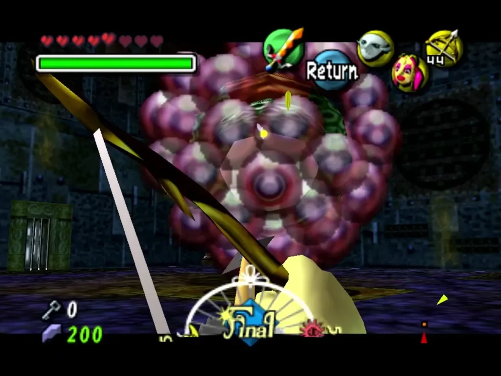 Link aims the Hero's Bow at Wart's cluster of eyes in the dark arena Link aims the Hero's Bow at Wart's cluster of eyes in the dark arena