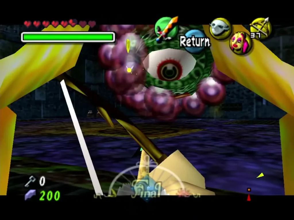 Wart's single large green eye opens among the purple blobs as Link draws his bow Wart's single large green eye opens among the purple blobs as Link draws his bow