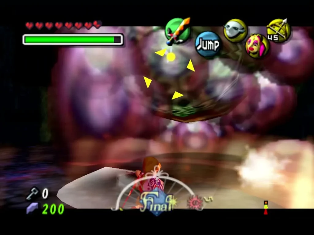 Link locks onto Wart's cluster of purple eyeballs in the dark arena Link locks onto Wart's cluster of purple eyeballs in the dark arena
