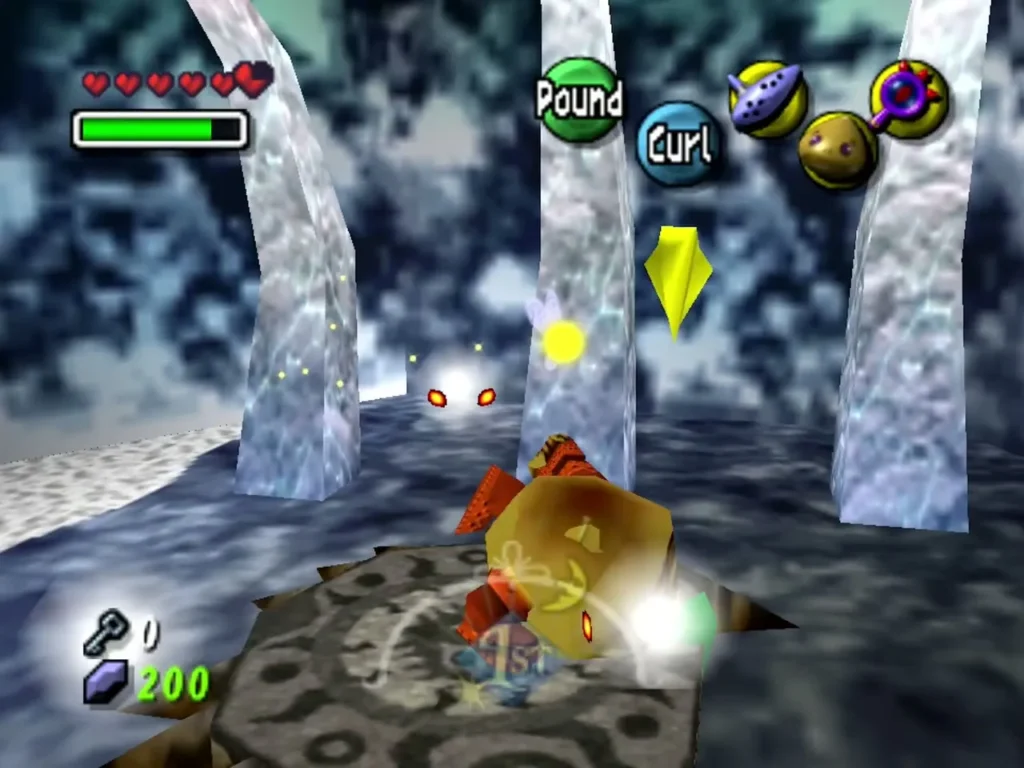 Goron Link rolling between ice pillars as a White Boe's red eyes glow in the dark ahead Goron Link rolling between ice pillars as a White Boe's red eyes glow in the dark ahead
