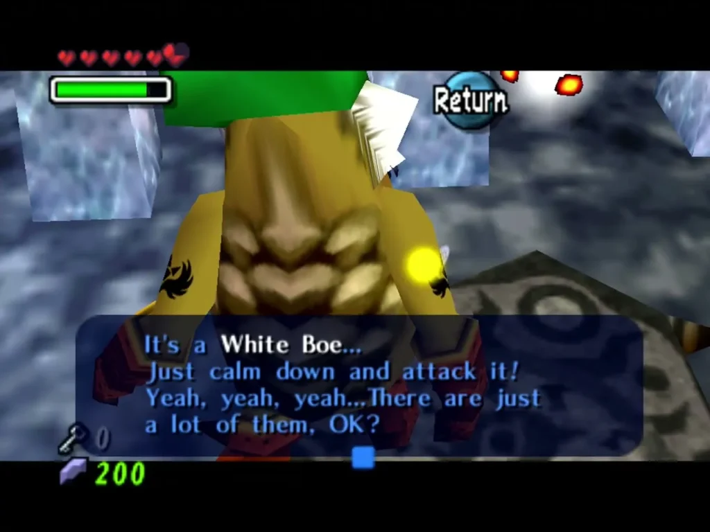 Goron Link in an ice cave while Tatl's box warns that it is a White Boe and to just attack it Goron Link in an ice cave while Tatl's box warns that it is a White Boe and to just attack it