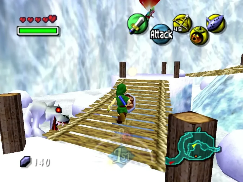 A white-furred Wolfos with red eyes snarls beside the rope bridge as Link crosses the snowy path A white-furred Wolfos with red eyes snarls beside the rope bridge as Link crosses the snowy path