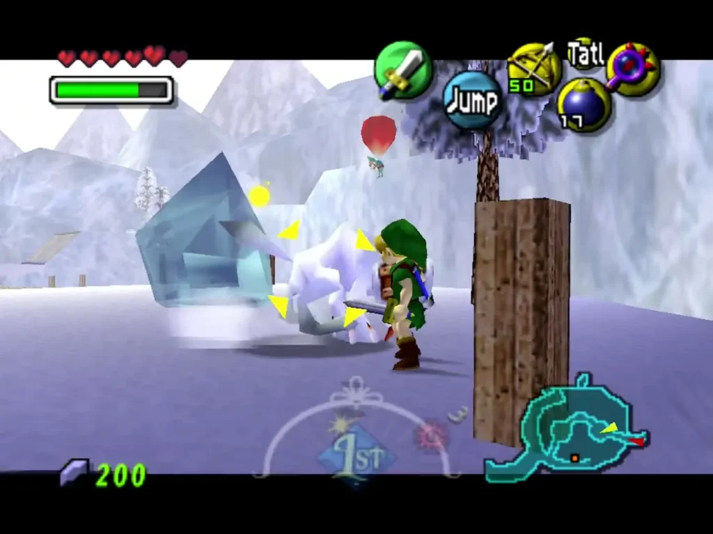 Link targets a white Wolfos on the snowy road, yellow markers around it, an ice block beside Link targets a white Wolfos on the snowy road, yellow markers around it, an ice block beside