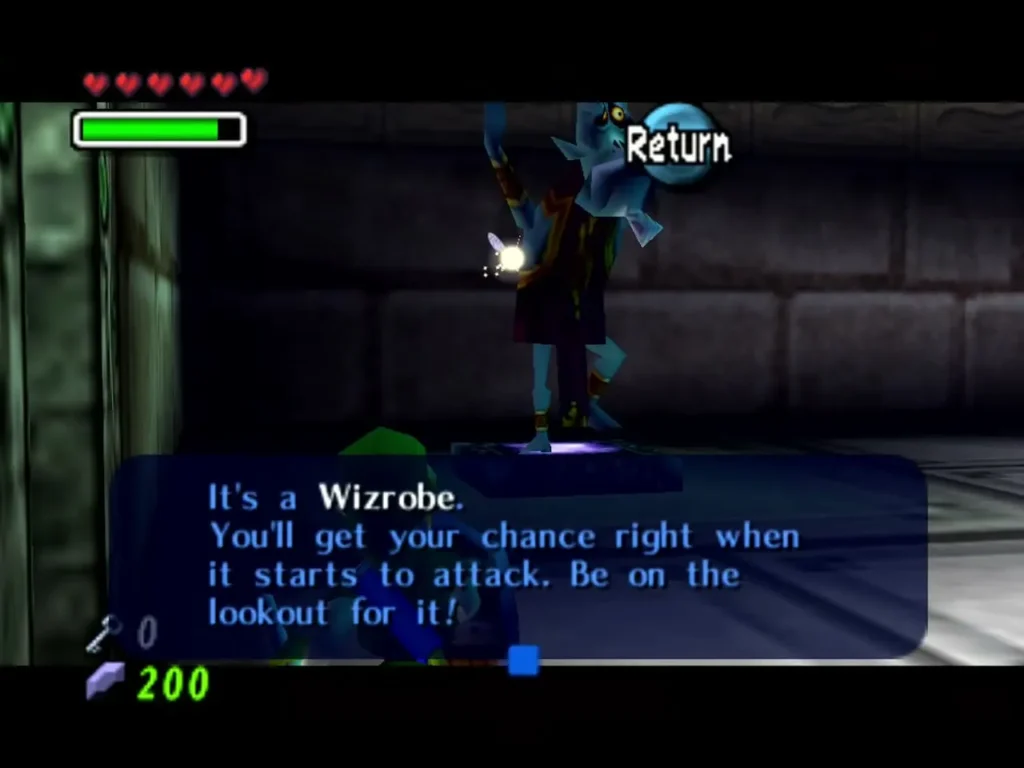 Message box reads It's a Wizrobe as it stands on its pedestal in Snowhead Temple Message box reads It's a Wizrobe as it stands on its pedestal in Snowhead Temple