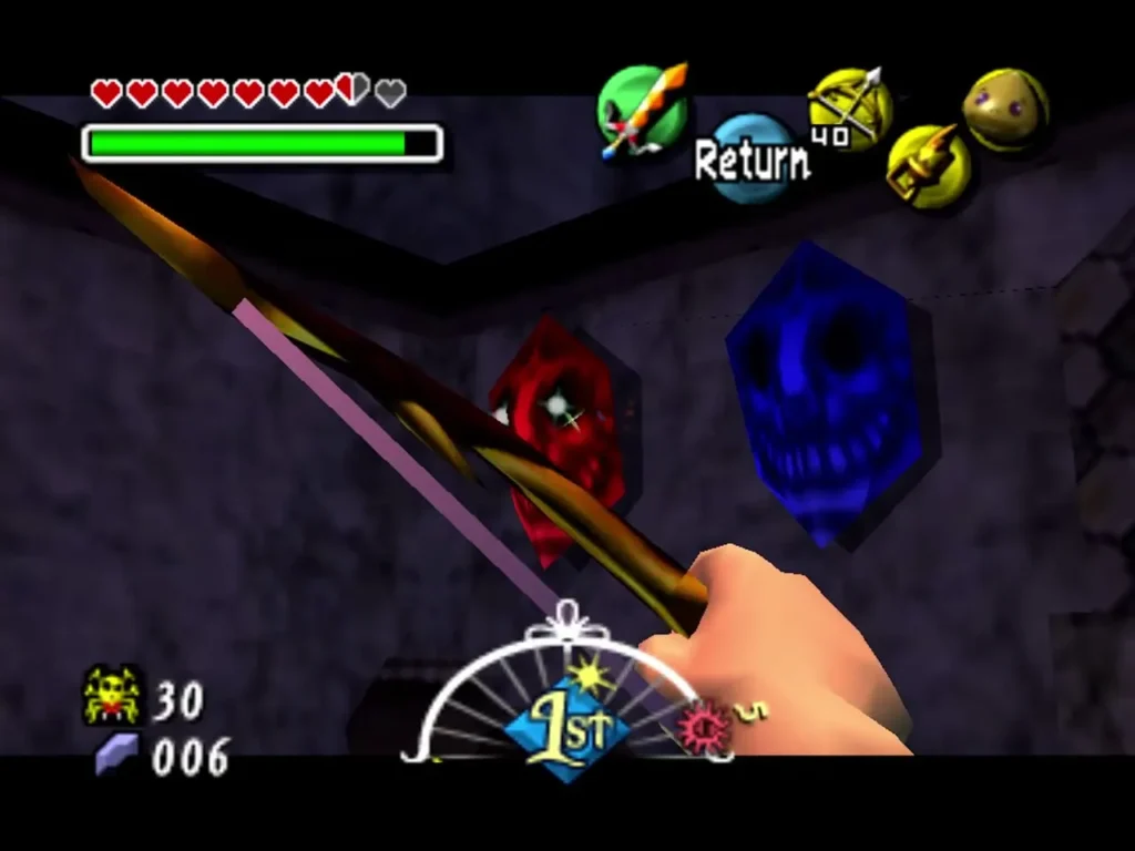 Link's arrow strikes the red skull mask on the wall beside the blue one Link's arrow strikes the red skull mask on the wall beside the blue one