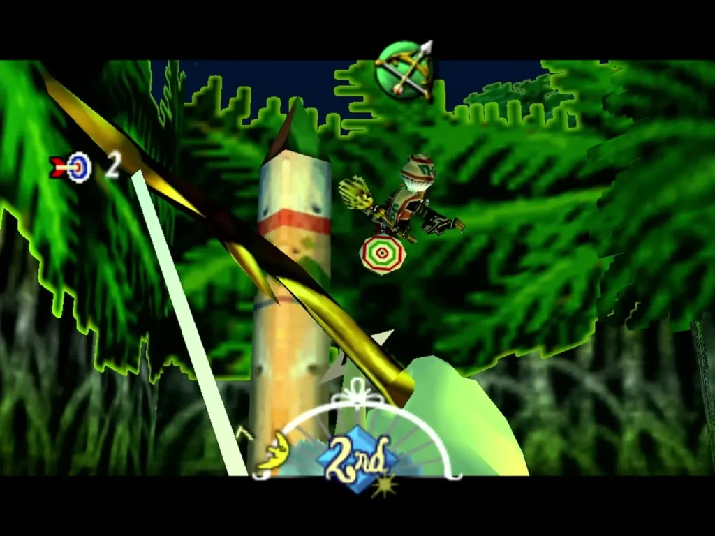 Link drawing the Hero's Bow at Koume's target while she flies past on her broom during the boat cruise Link drawing the Hero's Bow at Koume's target while she flies past on her broom during the boat cruise