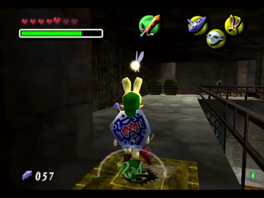 Link in the Bunny Hood standing on a yellow floor switch in Pirates' Fortress Link in the Bunny Hood standing on a yellow floor switch in Pirates' Fortress