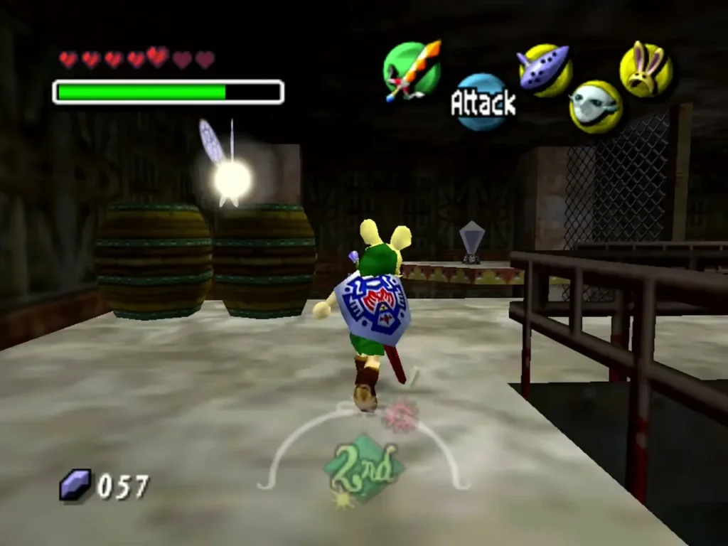 Link in the Bunny Hood runs along a fortress walkway past stacked barrels, Tatl overhead Link in the Bunny Hood runs along a fortress walkway past stacked barrels, Tatl overhead