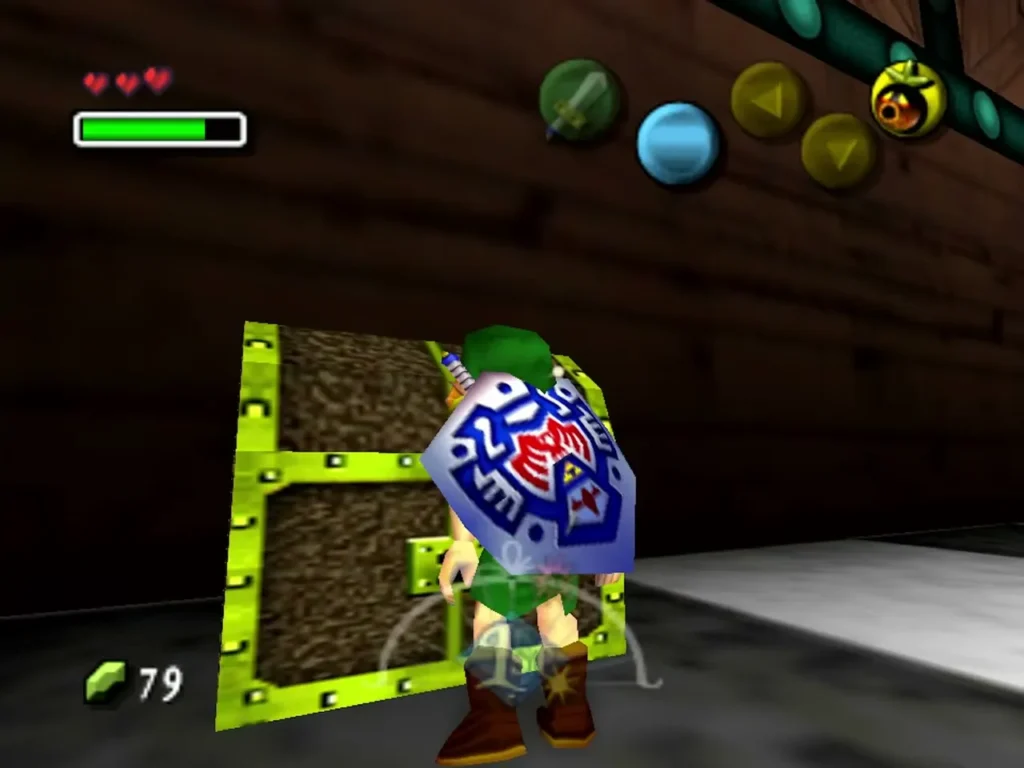 Link standing at the treasure chest at the end of the Treasure Chest Shop maze Link standing at the treasure chest at the end of the Treasure Chest Shop maze