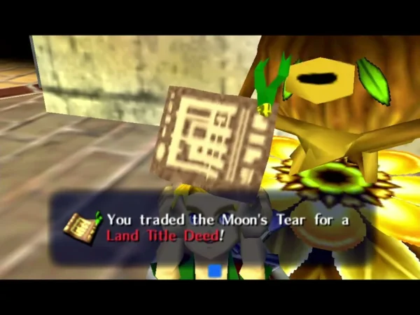 Deku Scrub in Clock Town hands Link the Land Title Deed, the box reading You traded the Moon's Tear for a Land Title Deed Deku Scrub in Clock Town hands Link the Land Title Deed, the box reading You traded the Moon's Tear for a Land Title Deed