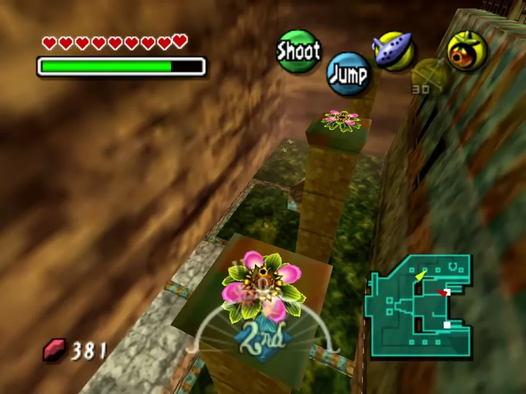 Deku Link launches from a flower on a pillar toward the next pillar on the castle roof Deku Link launches from a flower on a pillar toward the next pillar on the castle roof